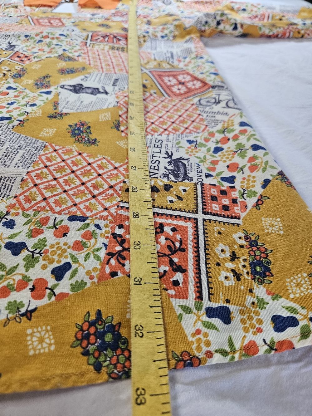 Women's 70s Patchwork Newspaper Print Tunic Top Apron Jacket in Mustard & Orange - Picture 11 of 14
